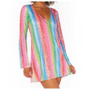 Show Me Your Mumu Revenge Bright Stripe Sequin Dress Rainbow Small